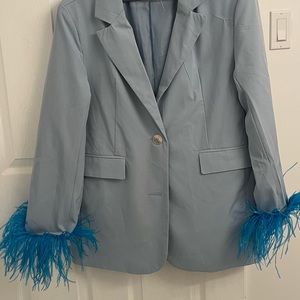 Custom Blue Blazer with Ostrich Feather Trim